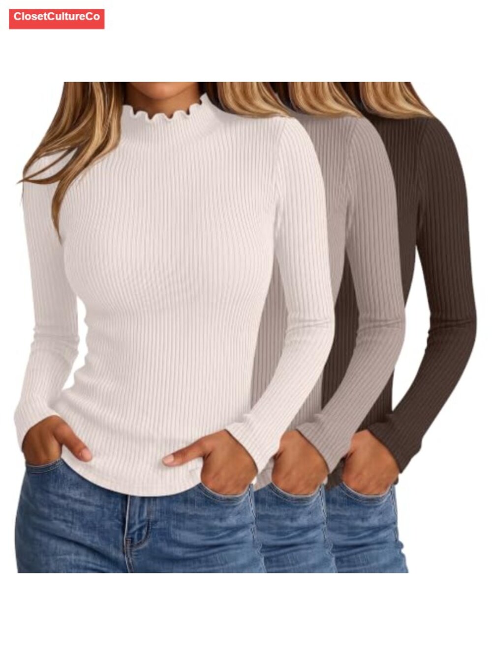 Ribbed Mock Turtleneck Long Sleeve Slim Fit Tops